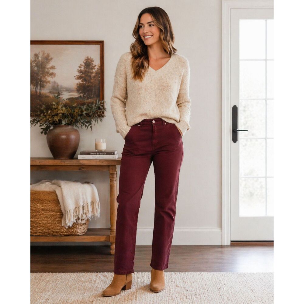 Burgundy Straight Leg Cotton Pants Women 10 Mid Rise Chino Casual Fall